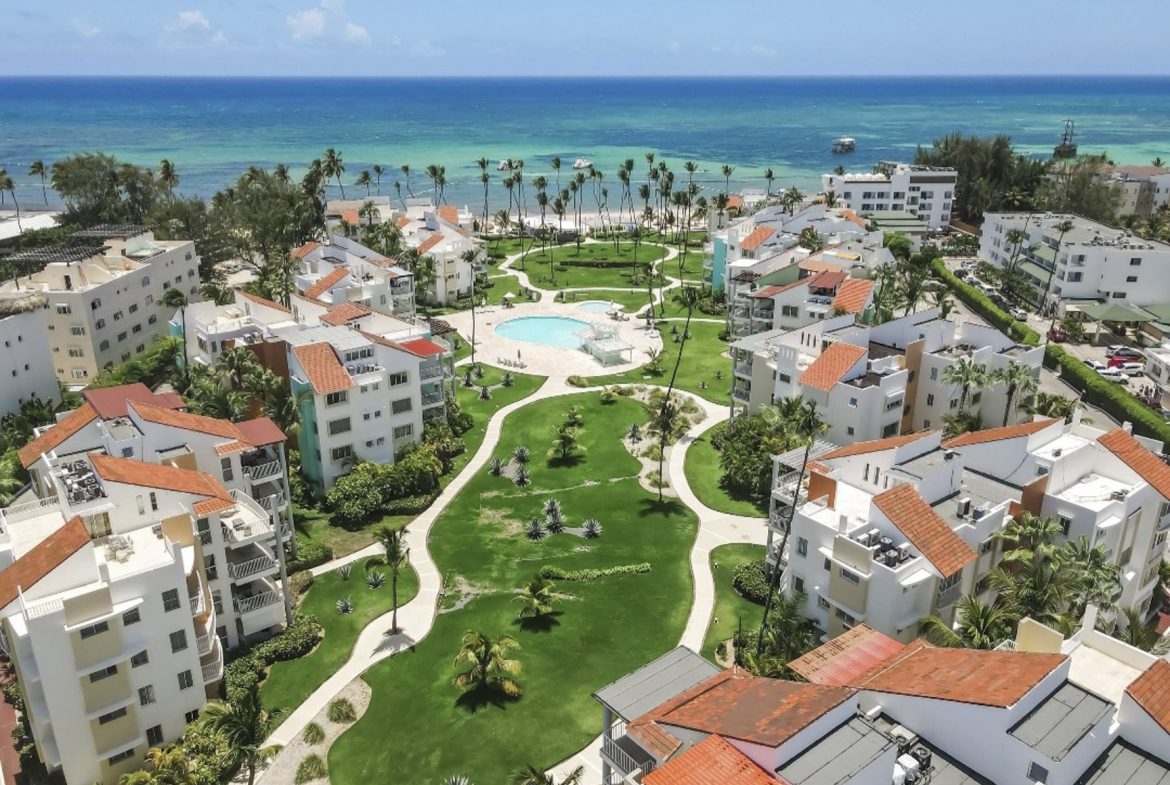buyDRproperty Aerial view of Punta Cana all-inclusive family resorts near the beach in Dominican Republic. Sosua Real Estate