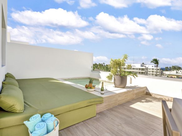 buyDRproperty Rooftop terrace with a plunge pool, lounge seating, and tropical fruit, perfect for a relaxing vacation. Sosua Real Estate