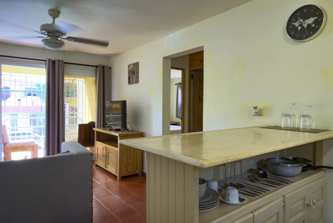 Interior view of a modern apartment kitchen with a breakfast bar and living area.