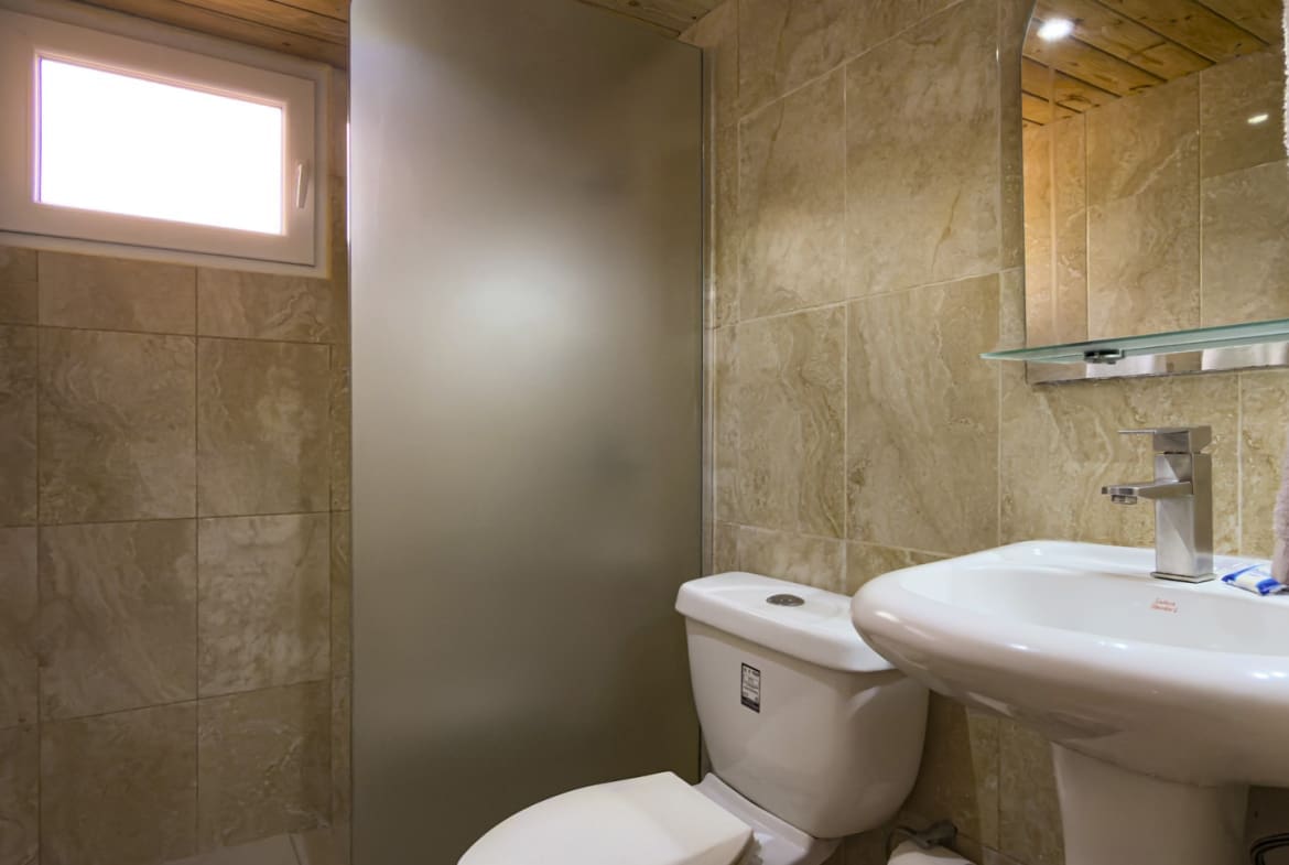Modern bathroom with a white toilet, sink, and frosted glass shower door.