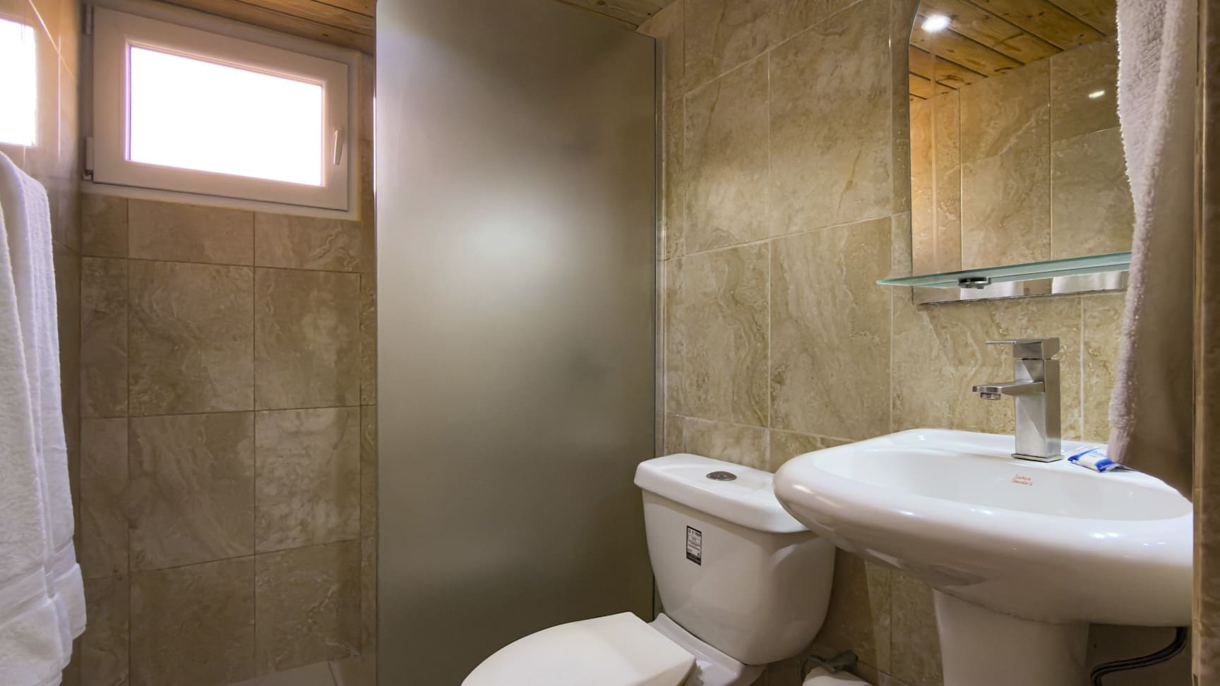 Modern bathroom with a white toilet, sink, and frosted glass shower door.