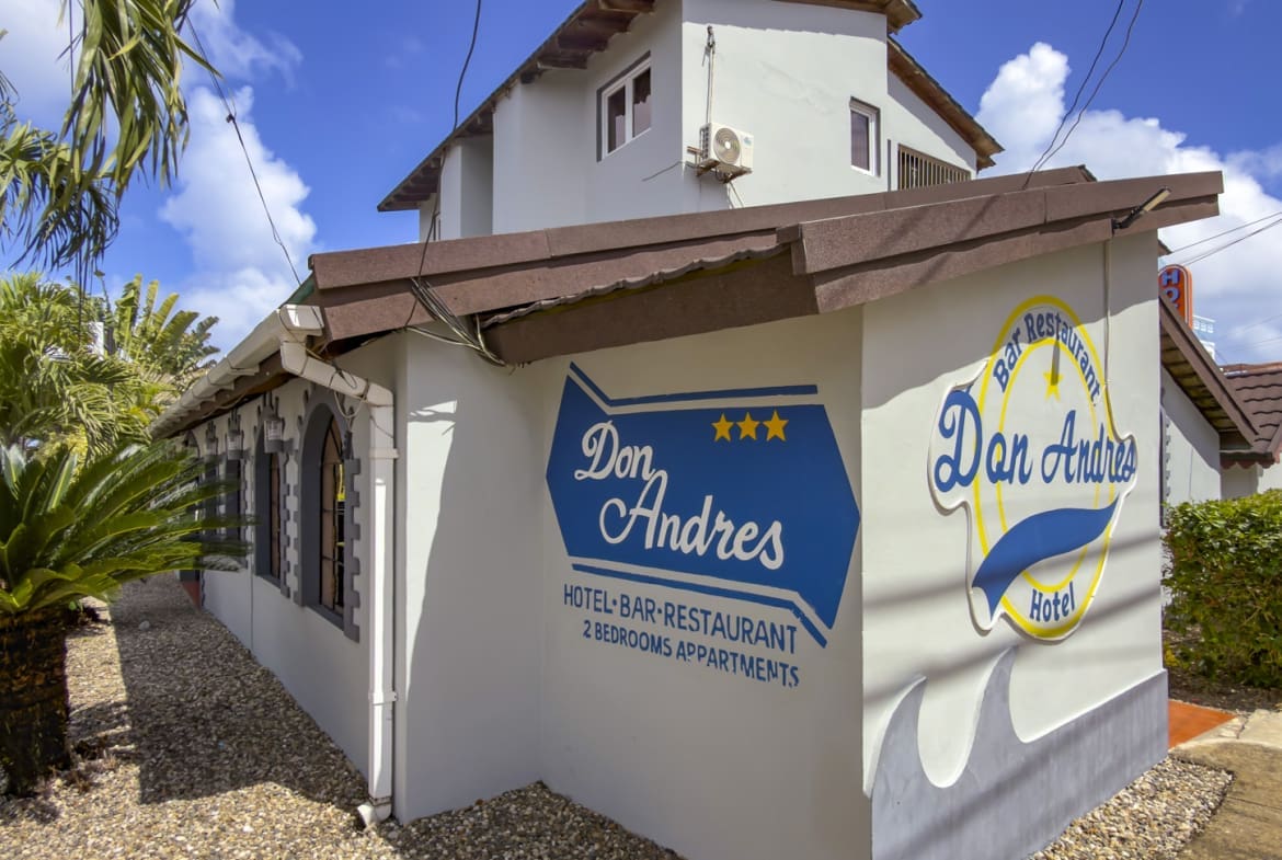 Don Andres Hotel, Bar & Restaurant in Aruba: exterior view of the building with signage.