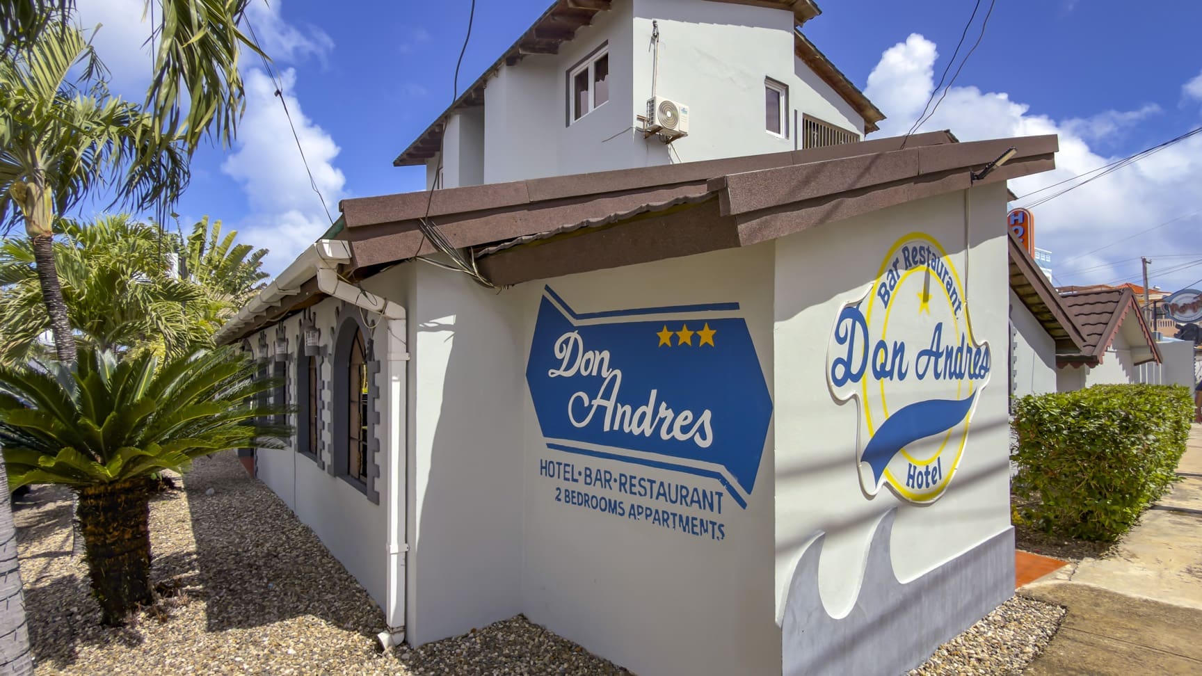 Don Andres Hotel, Bar & Restaurant in Aruba: exterior view of the building with signage.