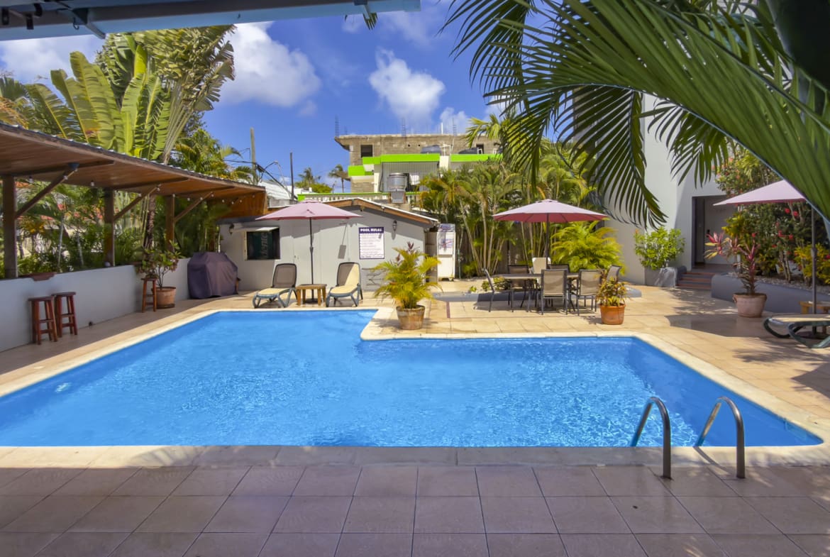 Tropical resort pool with palm trees, lounge chairs, and umbrellas.