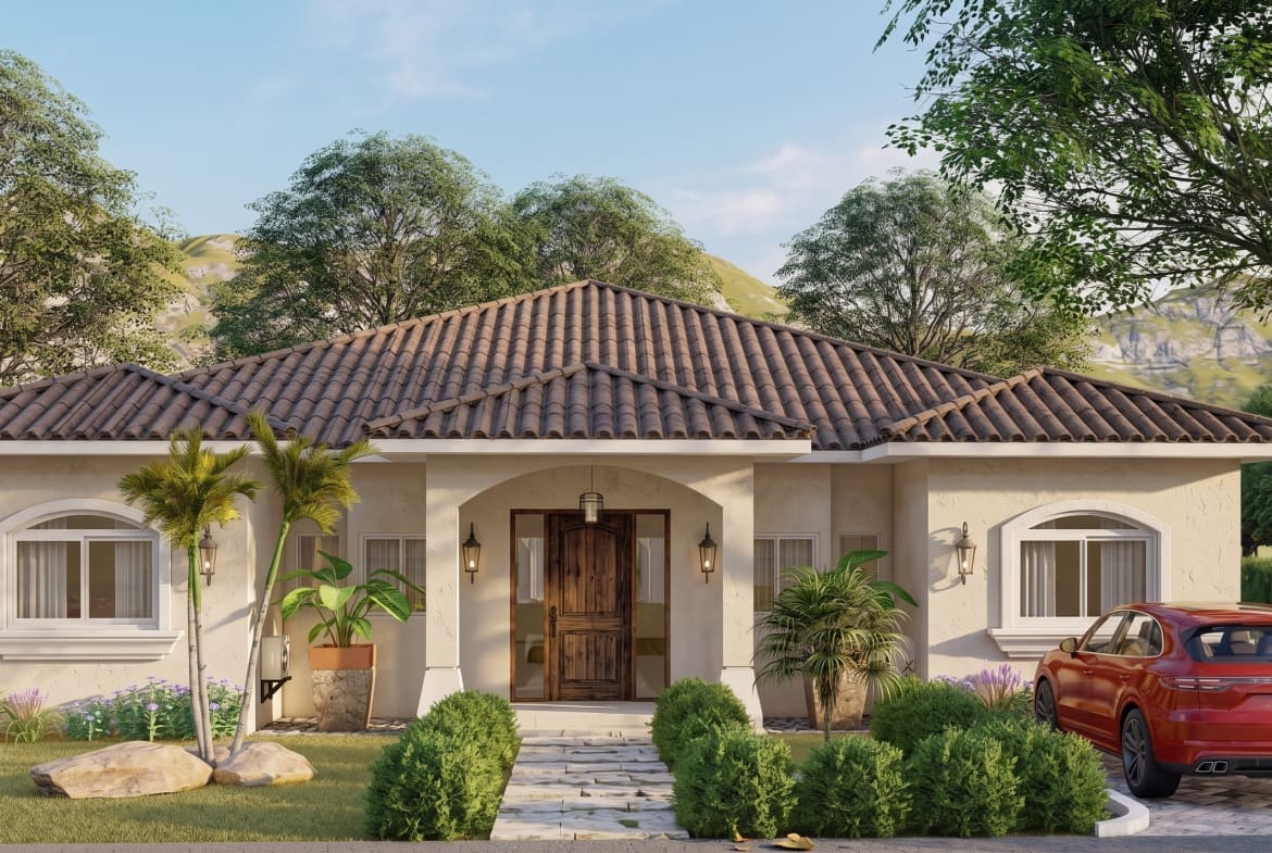 buyDRproperty Mediterranean-style house with tiled roof, palm trees, and red SUV. Sosua Real Estate