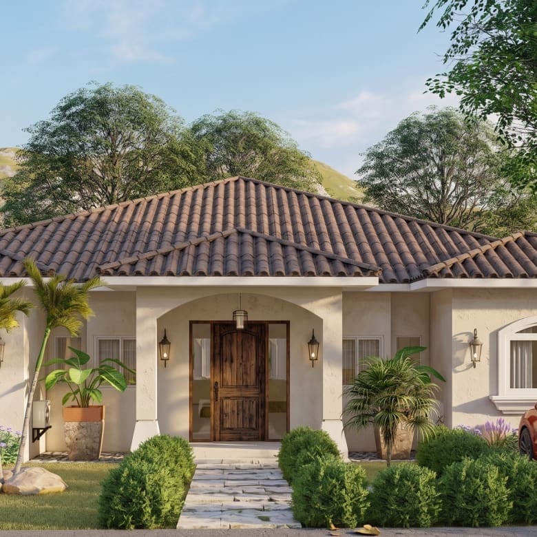 buyDRproperty Mediterranean-style house with tiled roof, palm trees, and red SUV. Sosua Real Estate