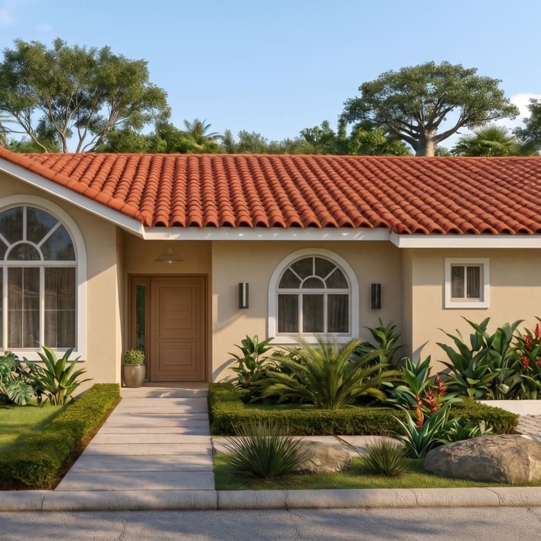 buyDRproperty Spanish-style home with red tile roof, arched windows, and lush tropical landscaping. Sosua Real Estate
