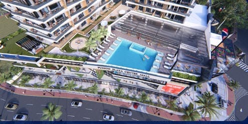 Puerto Plata Center Mall aerial view with swimming pool at Brickell Center Towers