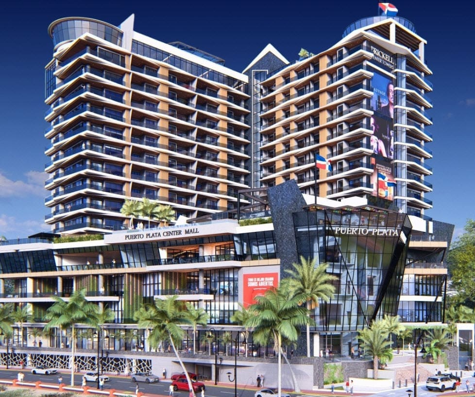 buyDRproperty Puerto Plata Center Mall: Modern mixed-use development with hotels, shops, and palm trees. Sosua Real Estate