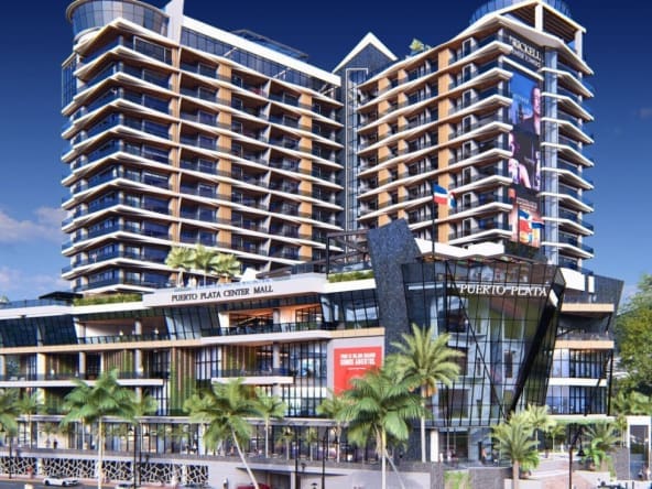 buyDRproperty Puerto Plata Center Mall building with palm trees and blue sky Sosua Real Estate