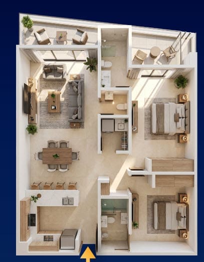 Luxury Diamond 2-bedroom condo floor plan at Brickell Center Towers Puerto Plata