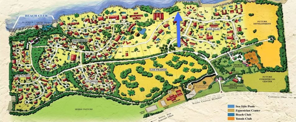 Map of a resort community with labeled areas like Los Prados, Las Palmas, and Beach Club.
