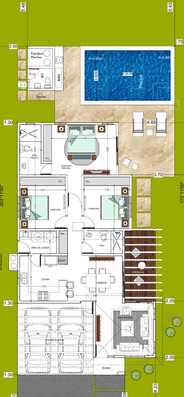 Floor plan of a modern house with 3 bedrooms, pool, and garage