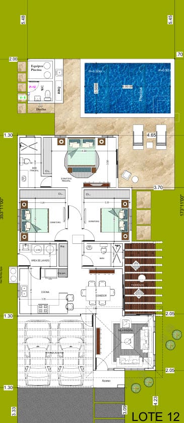 Floor plan of a modern house with 3 bedrooms, pool, and garage