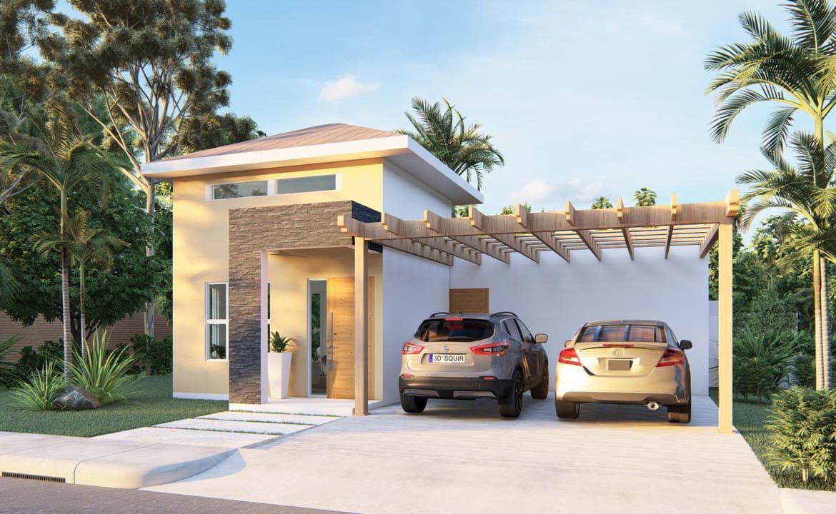 Modern two-story house with carport and two cars in a tropical setting.