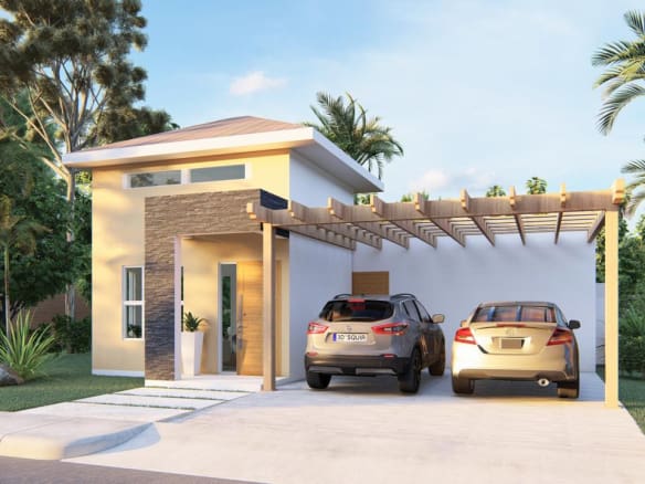 Modern two-story house with carport and two cars in a tropical setting.