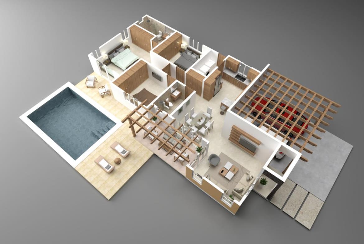3D floor plan of a modern house with pool, living room, kitchen, and garage