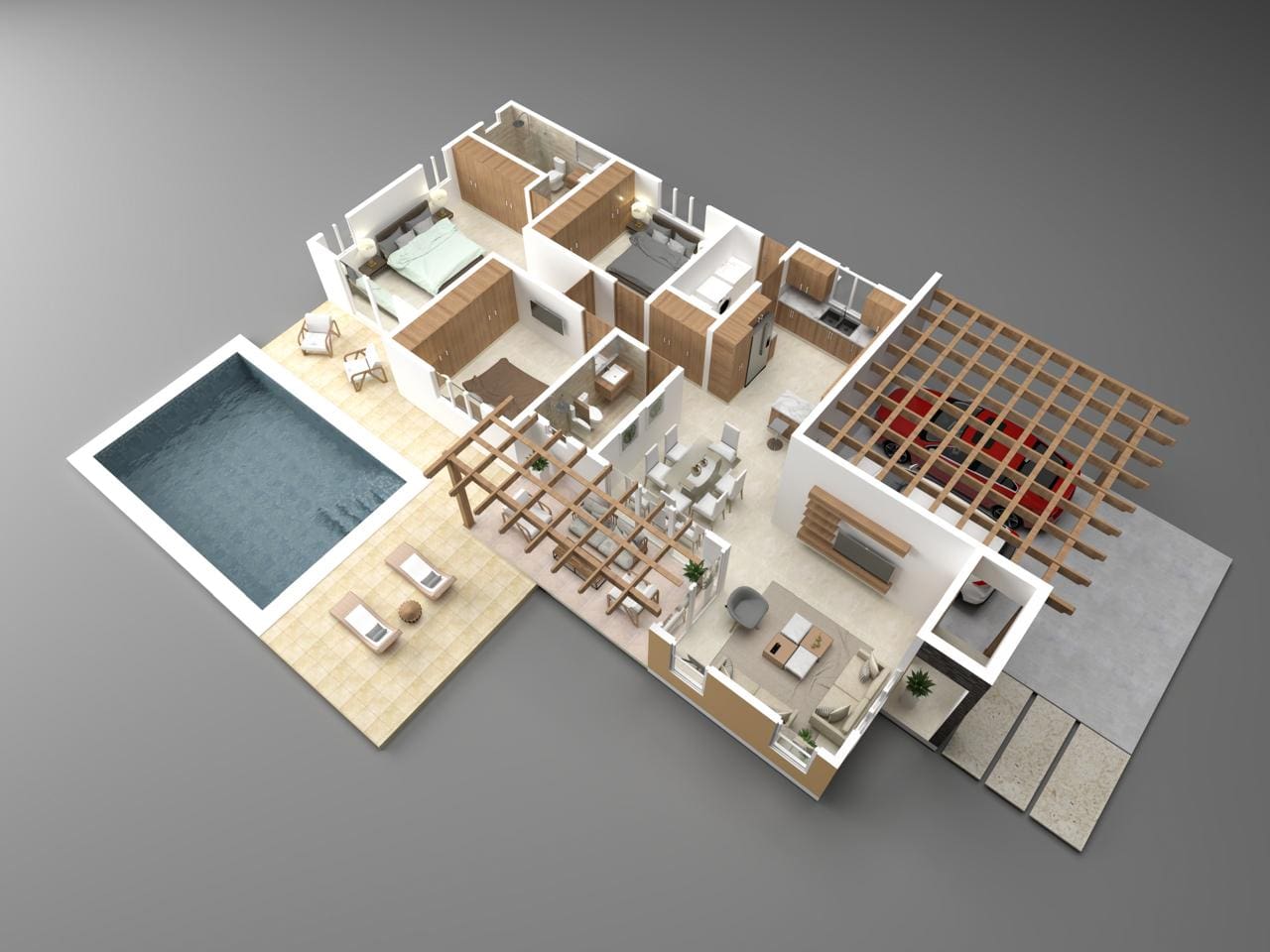 3D floor plan of a modern house with pool, living room, kitchen, and garage