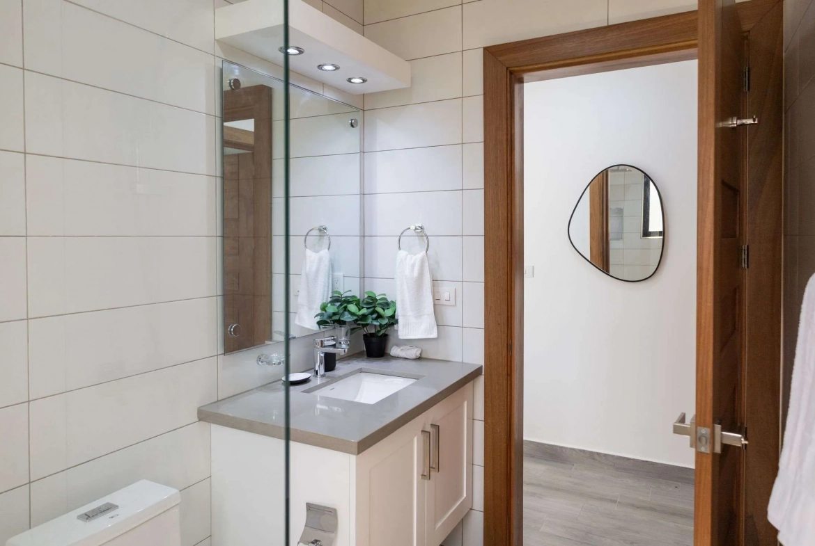 buyDRproperty Modern bathroom vanity with white tiles, sink, mirror, and a plant. Sosua Real Estate
