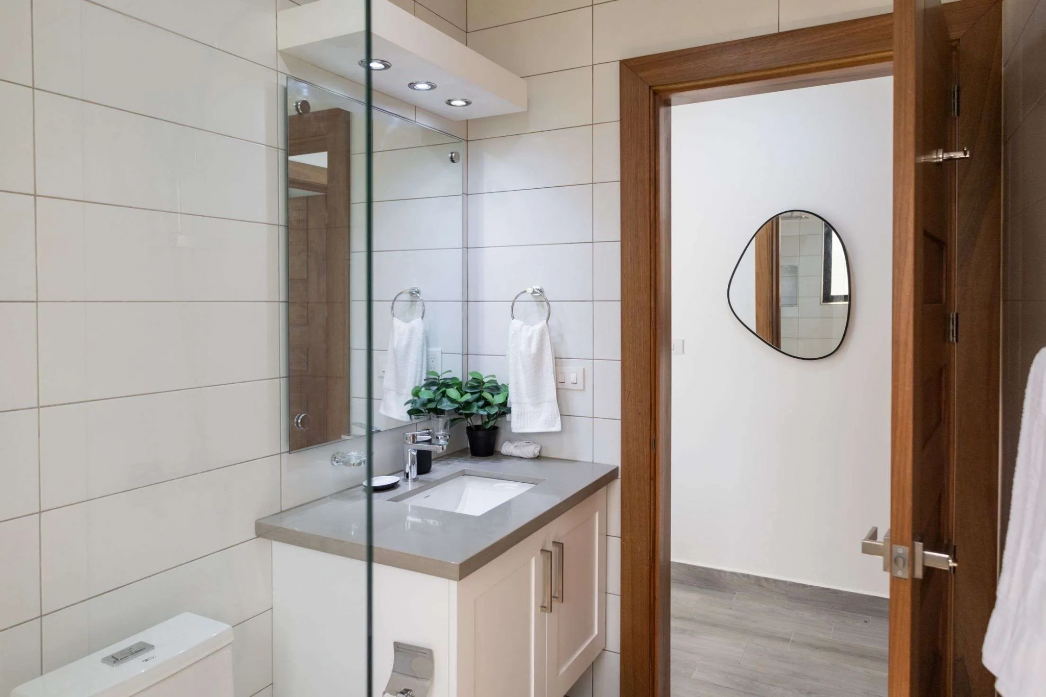 buyDRproperty Modern bathroom vanity with white tiles, sink, mirror, and a plant. Sosua Real Estate