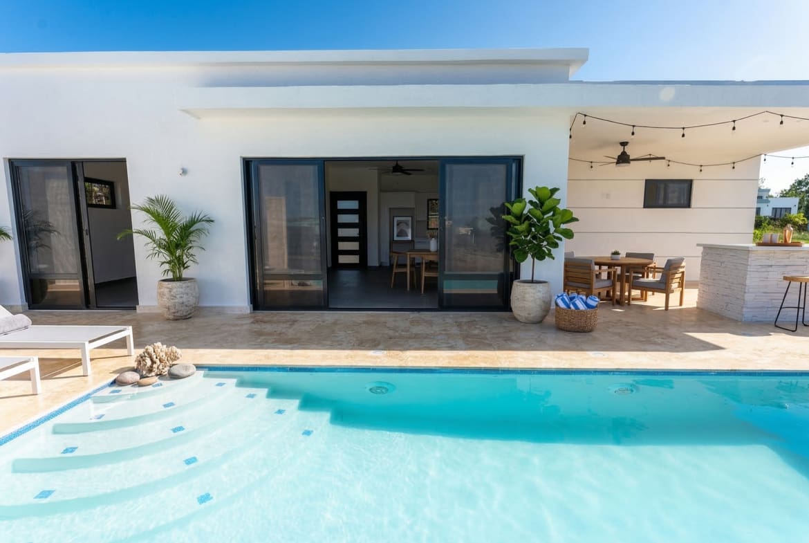 buyDRproperty Modern white villa with swimming pool, patio bar, and outdoor dining area. Sosua Real Estate