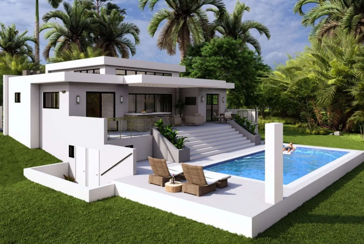 buyDRproperty Modern white villa with swimming pool and palm trees Sosua Real Estate