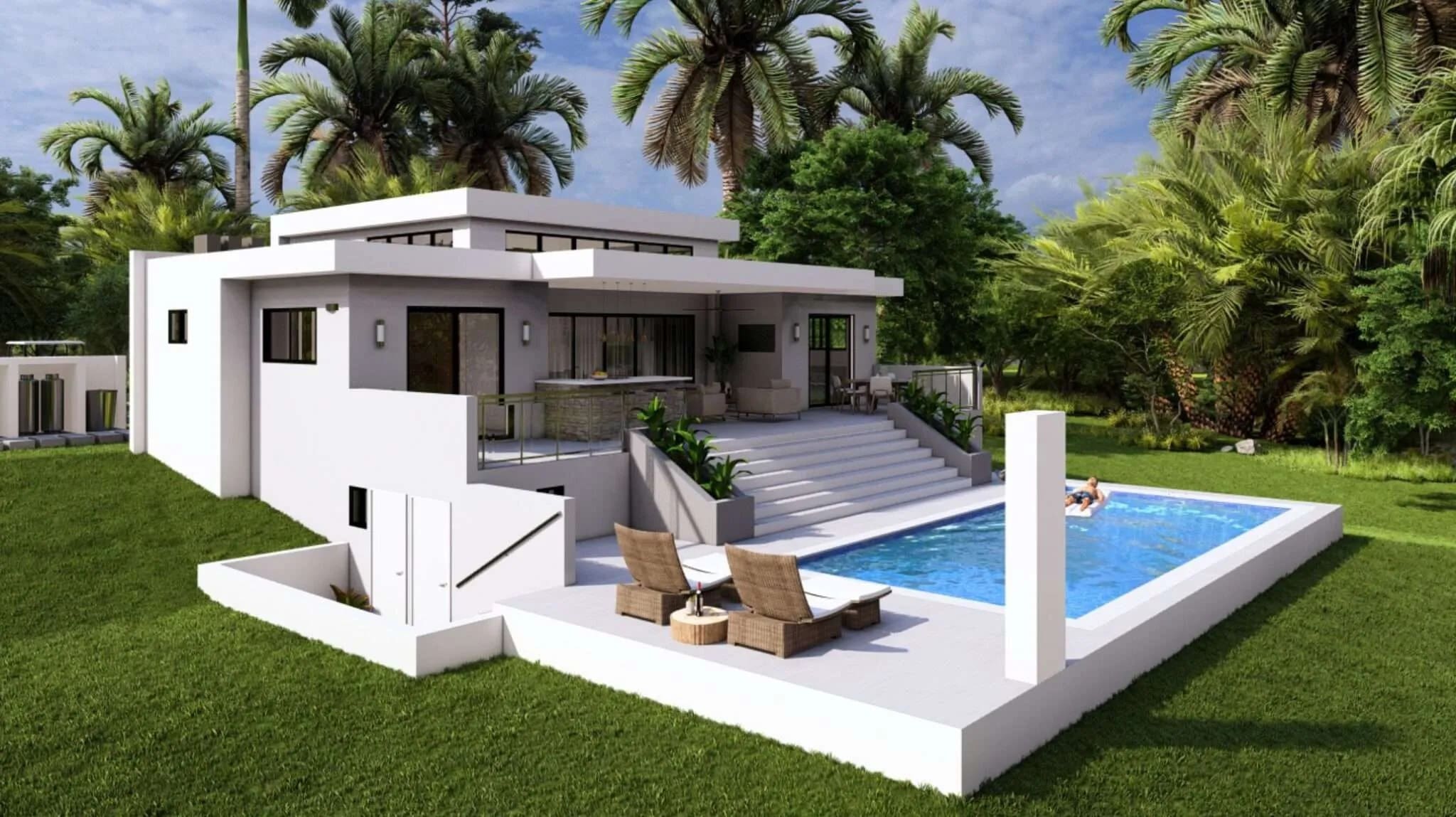 Villa Cascada, a 2BR pre-construction villa in Casa Linda, with a pool and tropical landscape.