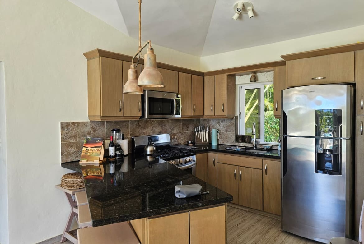 buyDRproperty Modern kitchen with granite countertops, stainless steel appliances, and wood cabinetry. Sosua Real Estate