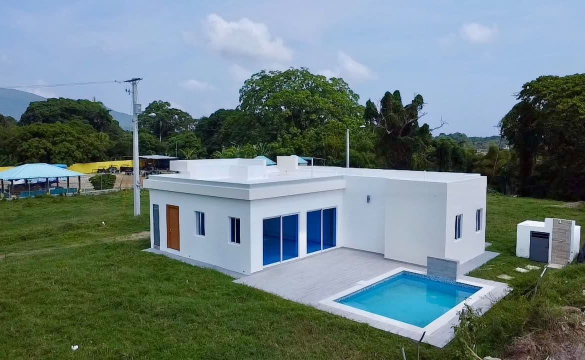 Modern white house with blue-tinted windows, a small pool, and lush green surroundings.