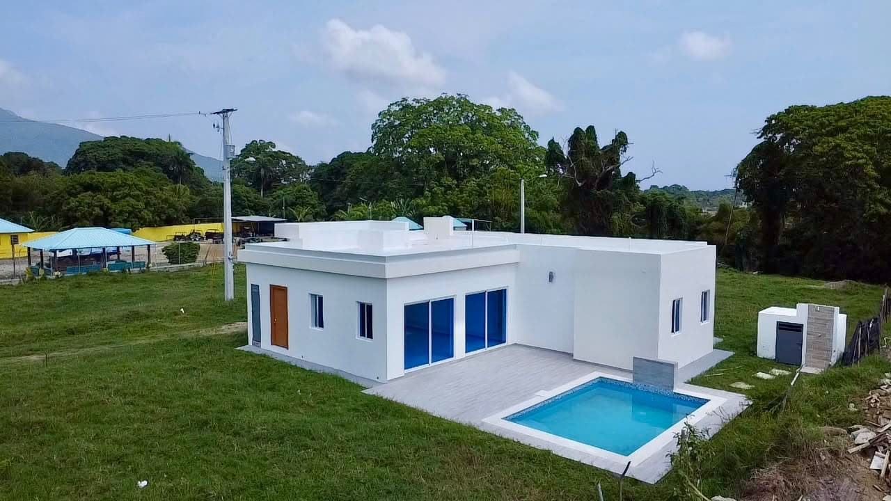 Modern white house with blue-tinted windows, a small pool, and lush green surroundings.