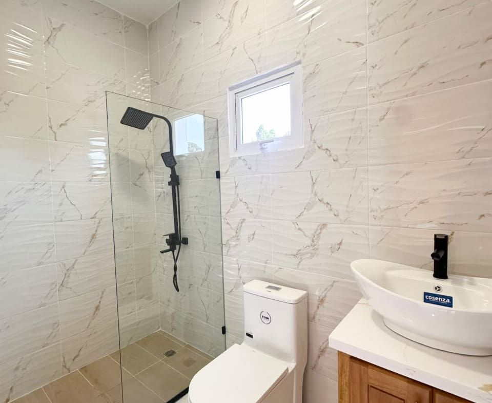 Modern bathroom with a walk-in shower, white toilet, and wooden vanity with a vessel sink.