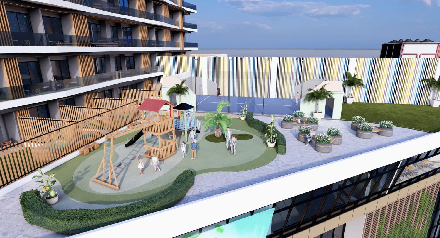 Brickell Center Towers family amenities with playground and sports court in Puerto Plata