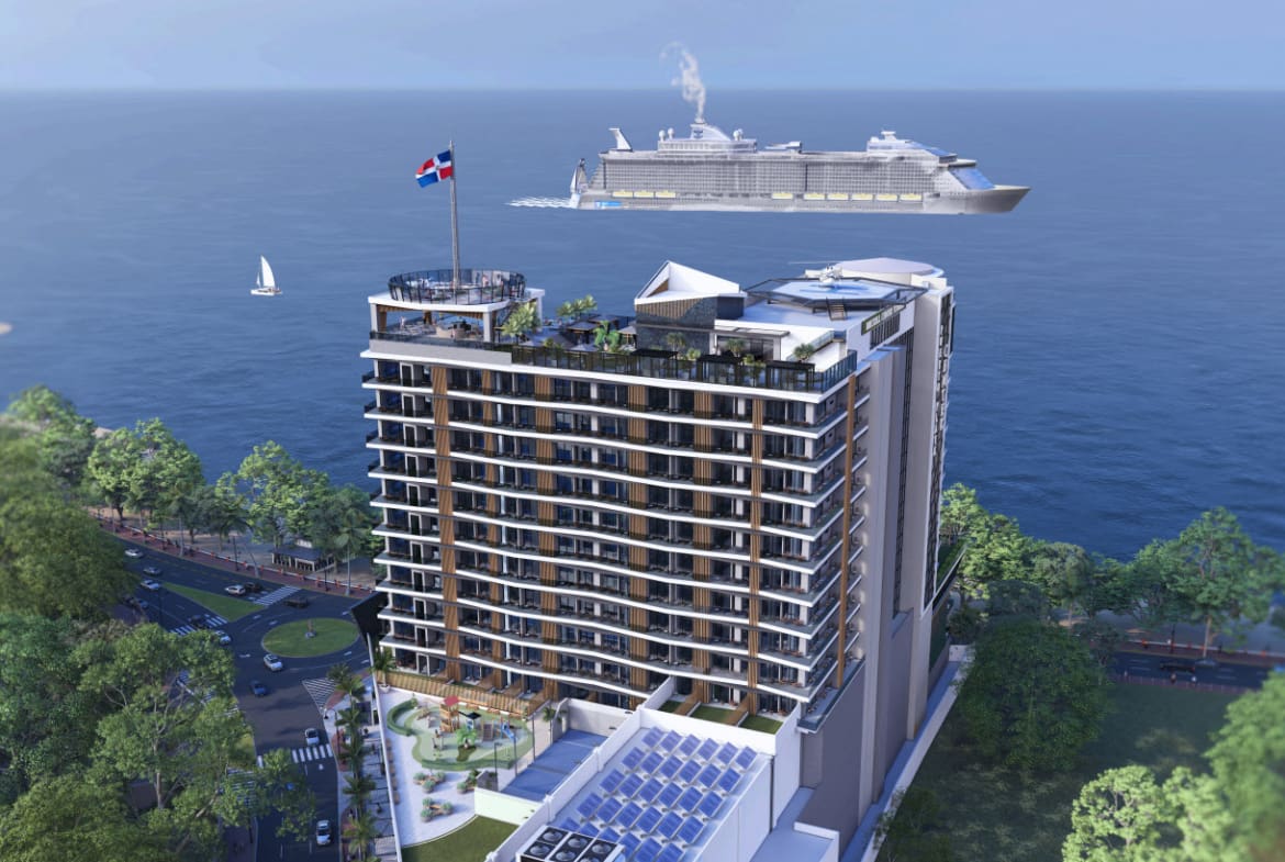 buyDRproperty Modern apartment building BRICKELL with balconies, overlooking the ocean with a cruise ship and a cruiseship.