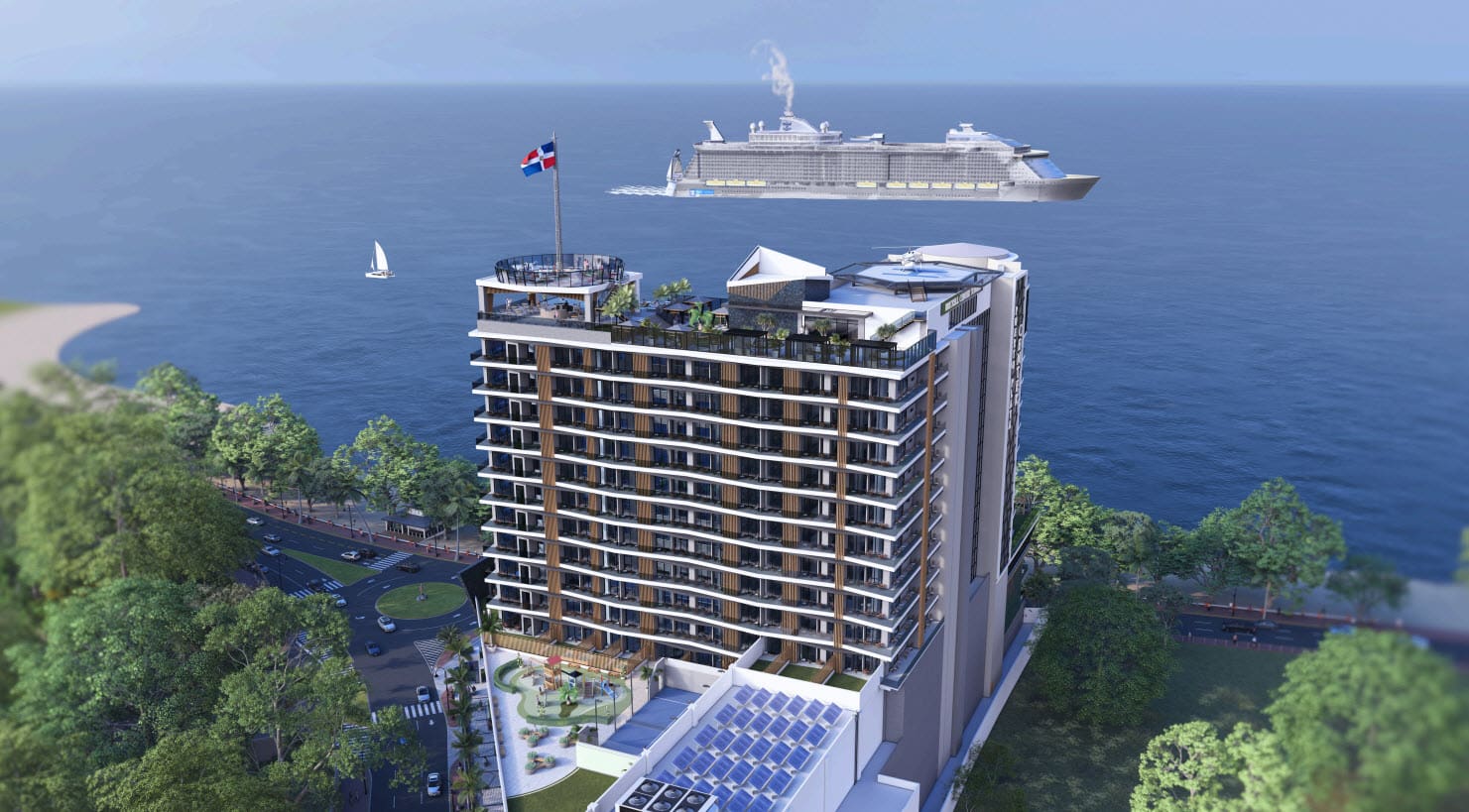 buyDRproperty Modern apartment building BRICKELL with balconies, overlooking the ocean with a cruise ship and a cruiseship.