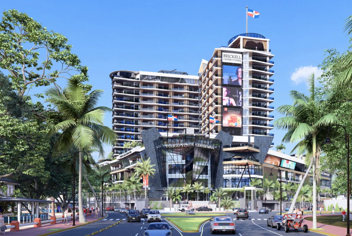 buyDRproperty Brickell London Towers, modern mixed-use development with shops, offices, and residential units. Sosua Real Estate