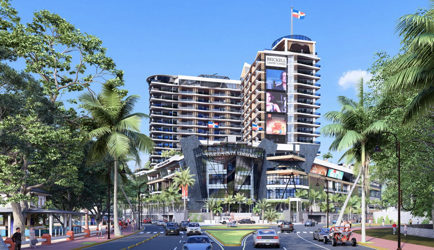 buyDRproperty Brickell London Towers, modern mixed-use development with shops, offices, and residential units. Sosua Real Estate