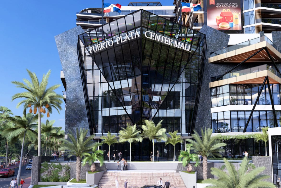 Puerto Plata Center Mall entrance at Brickell Center Towers with modern glass architecture and palm trees