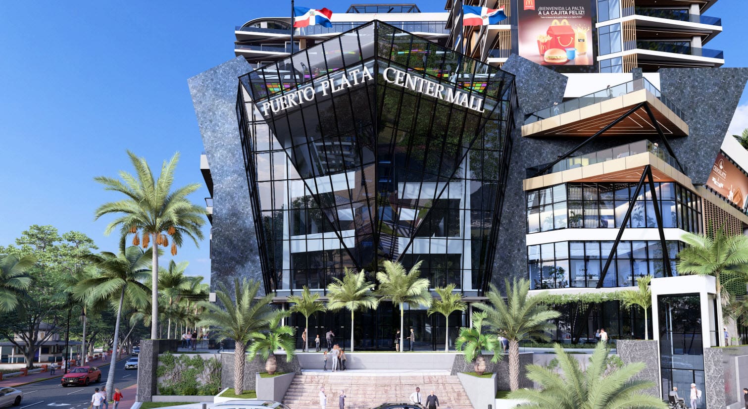 Puerto Plata Center Mall entrance at Brickell Center Towers with modern glass architecture and palm trees