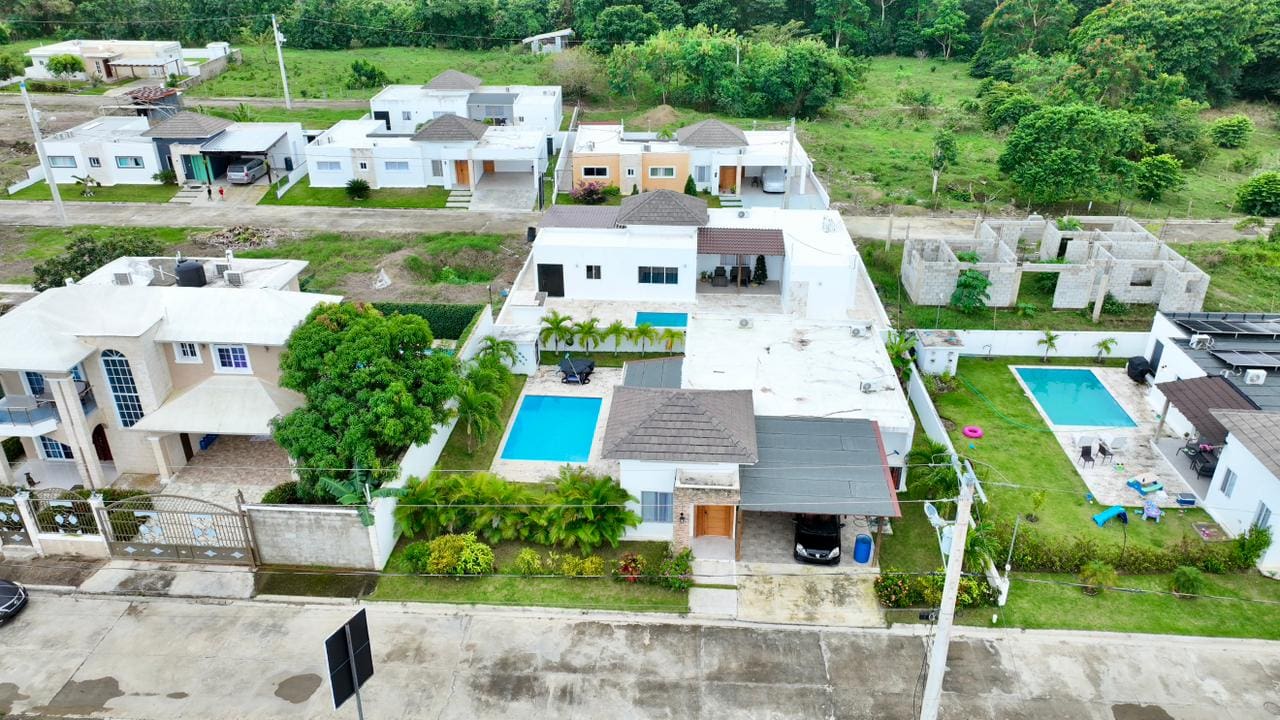 Aerial view of modern houses with swimming pools in a suburban neighborhood