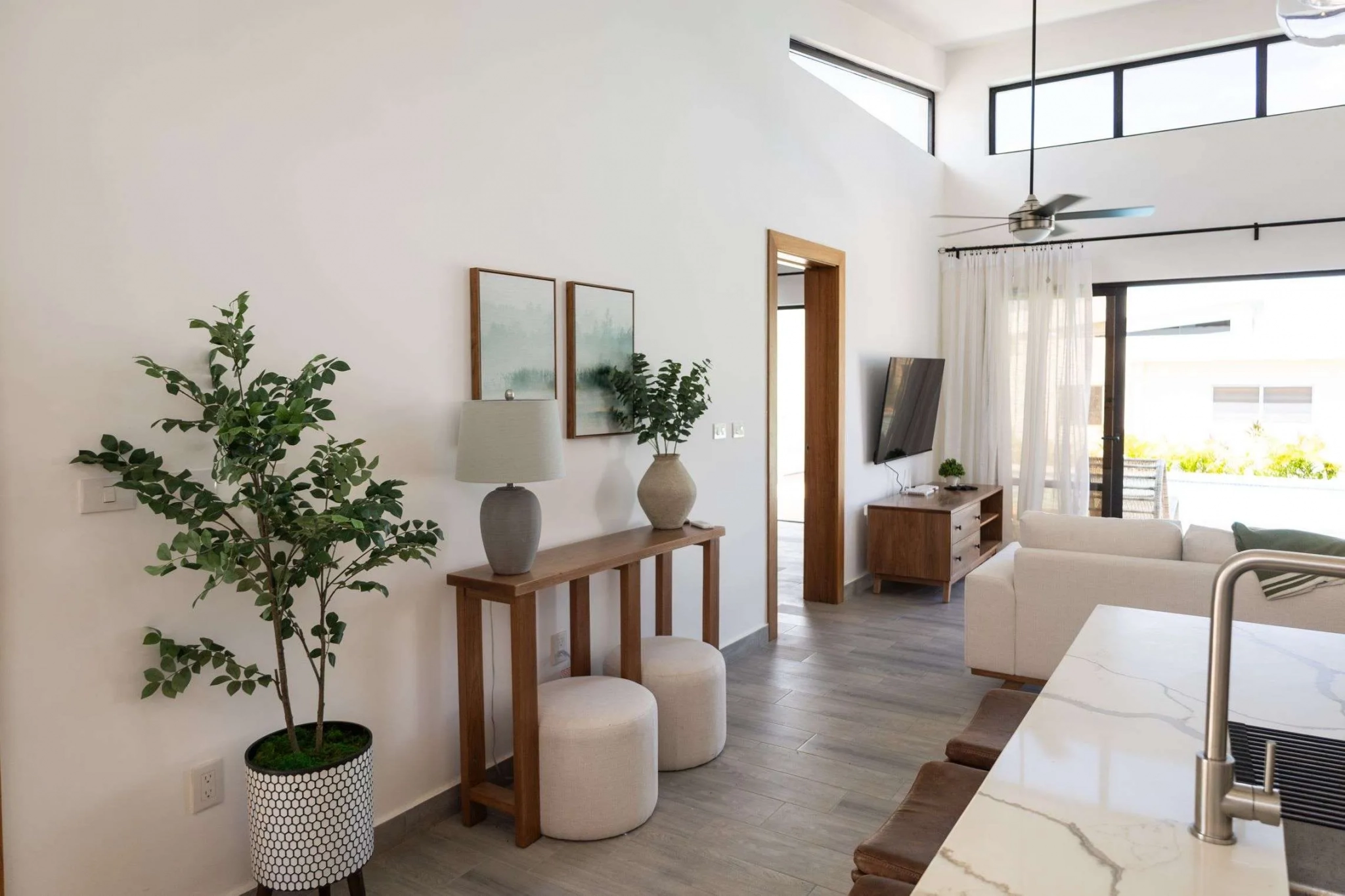 buyDRproperty Modern living room with minimalist decor, including a plant, console table, and sofa. Sosua Real Estate