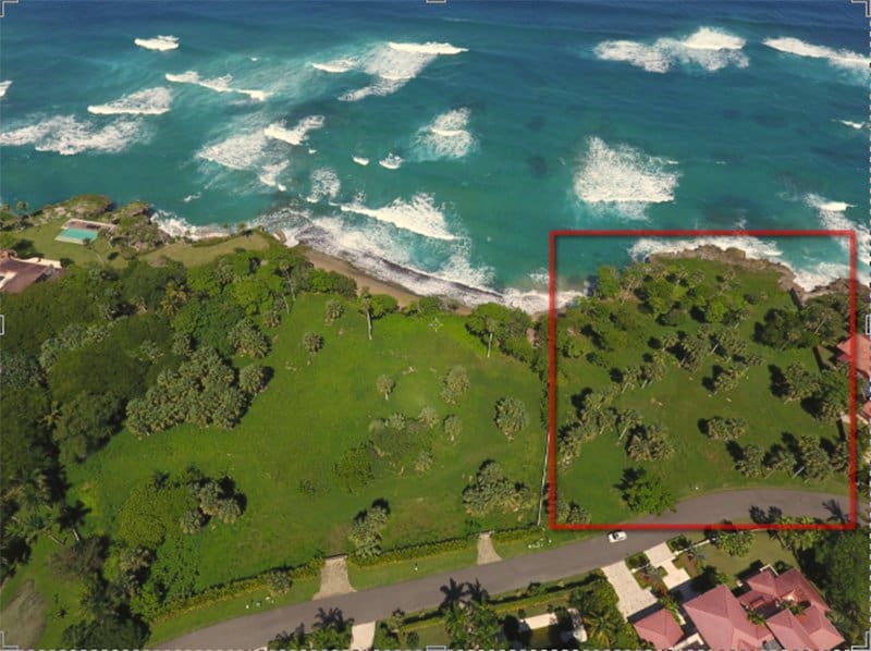 Aerial view of a lush green coastal property with ocean waves.
