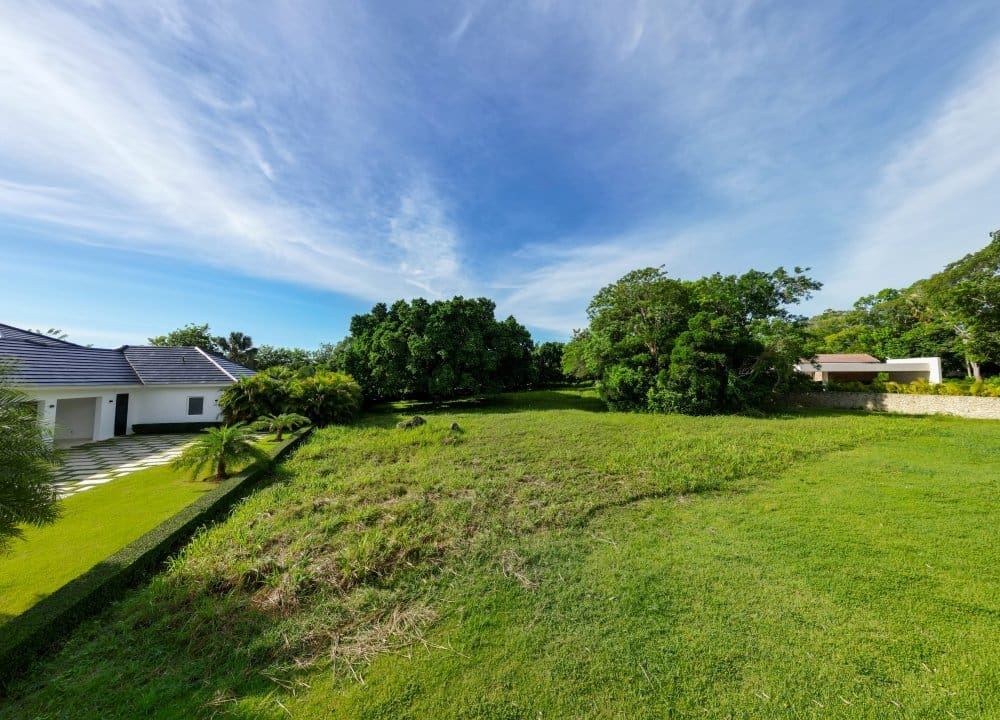 Lush green land with modern house and trees under blue sky
