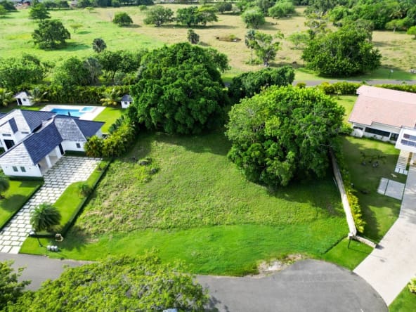 Aerial view of a lush green vacant lot for sale in a tropical residential area.