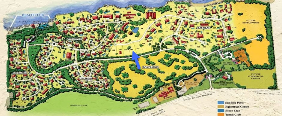 Map of Los Prados community, showing beach club, equestrian center, and homes.