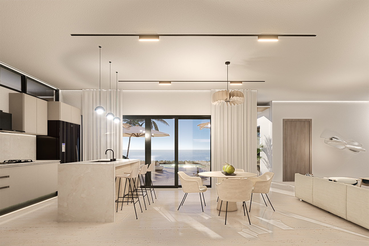 Modern open-plan kitchen and dining area with ocean view