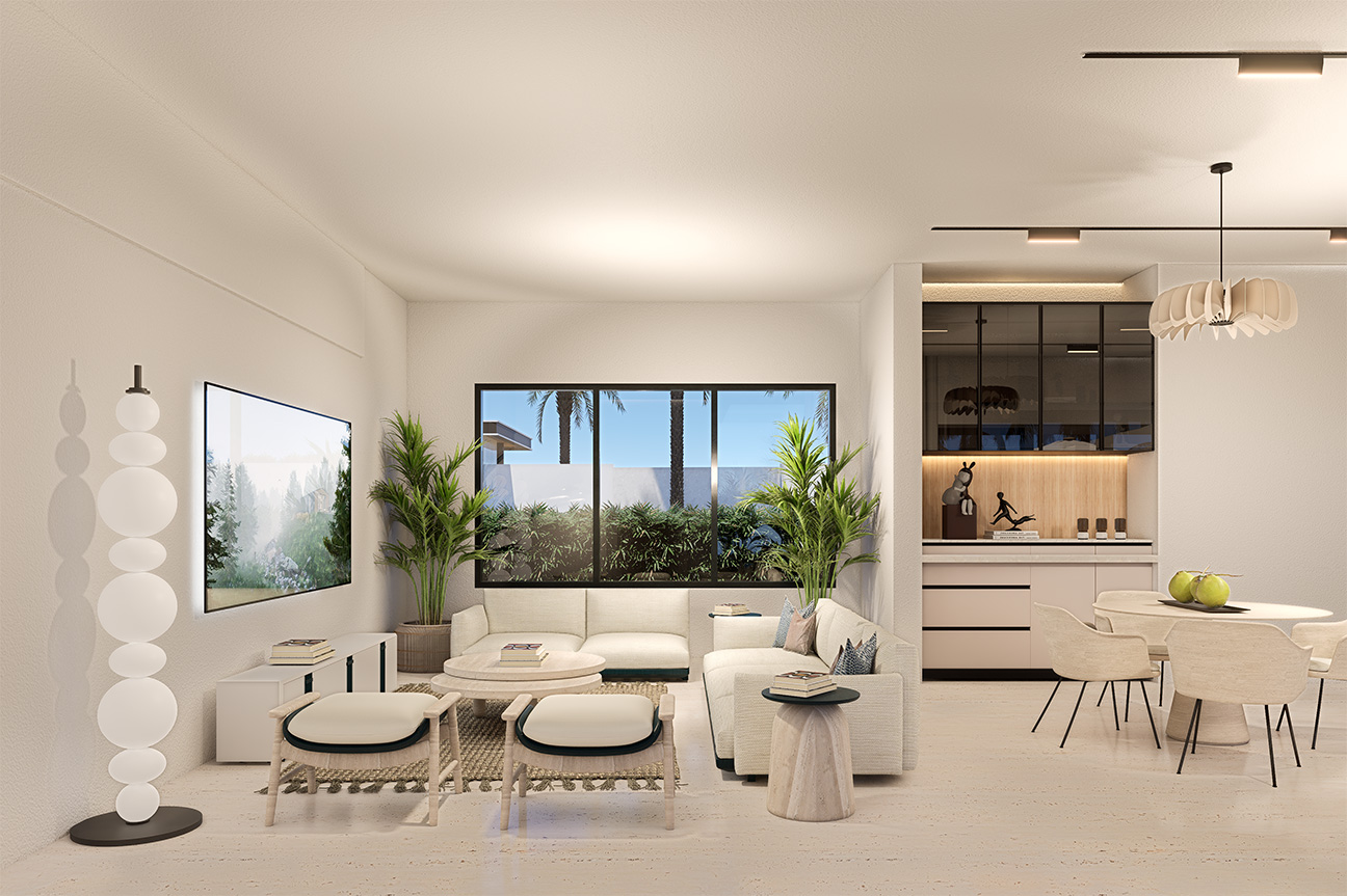 Modern living room with white sofa, dining area, and kitchen