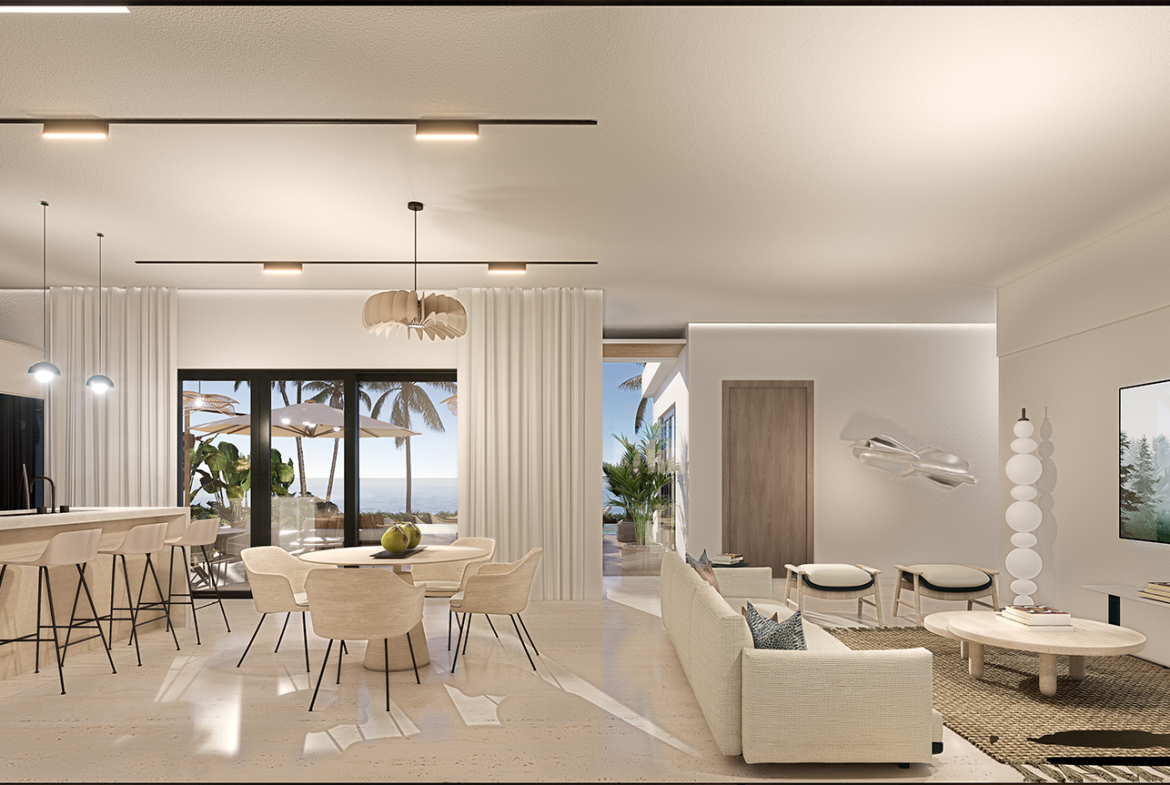 Modern open-plan living and dining area with ocean view