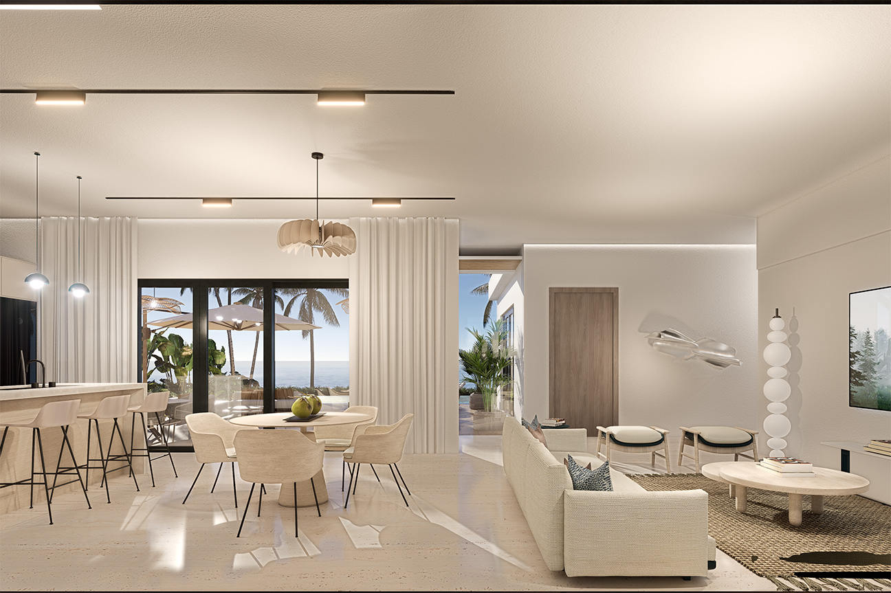 Modern open-plan living and dining area with ocean view