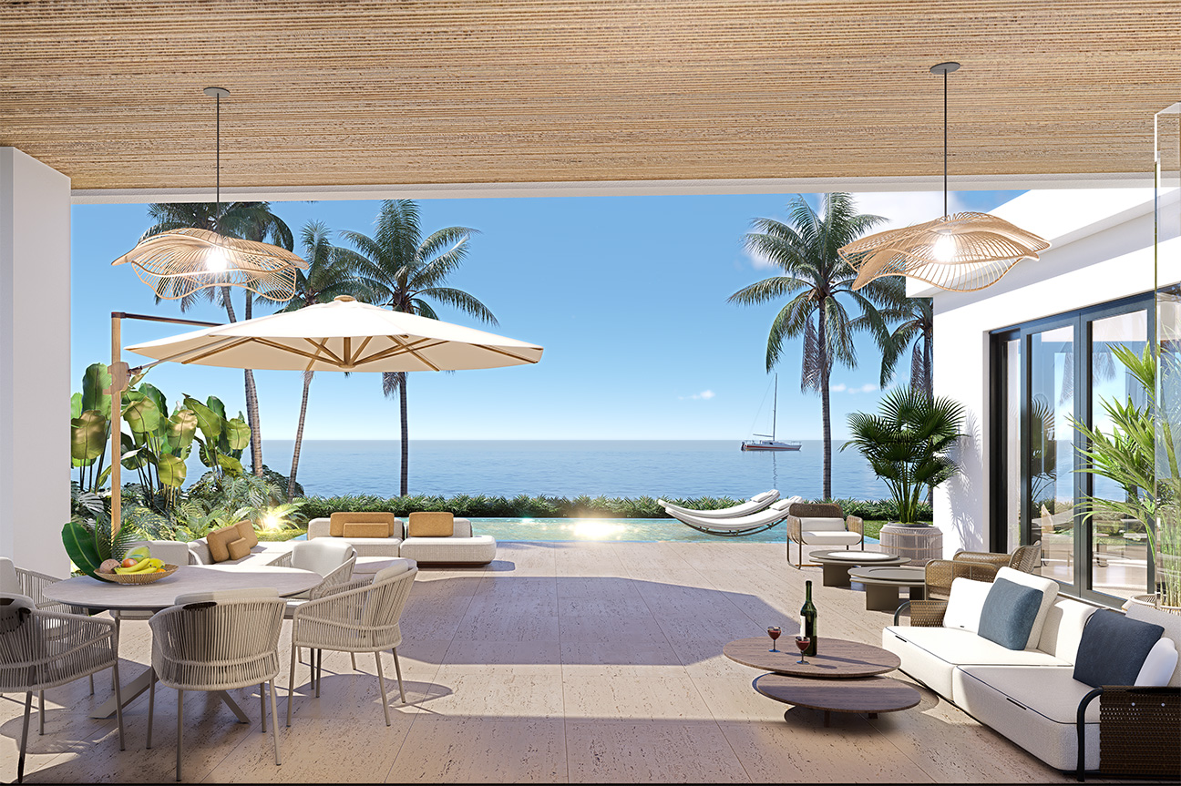 Luxury outdoor patio with ocean view, lounge chairs, dining table, and pool