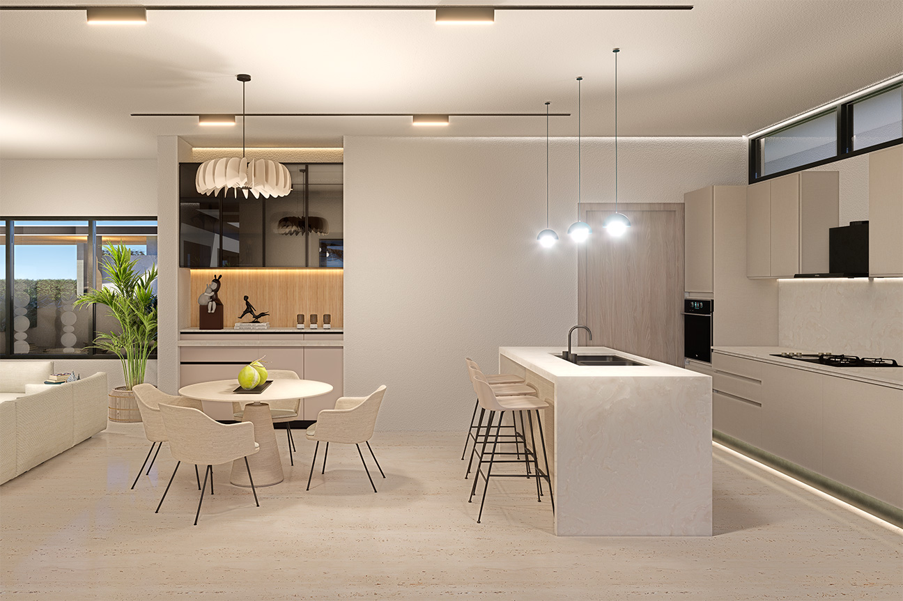 Modern open-plan kitchen and dining area with island and dining table.